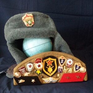 Soviet Union Authentic Winter Hat & Officer Cap Loaded With Russian Pins Great C